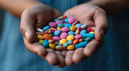 A person is holding a handful of various pills in their hands.の素材