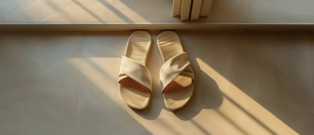 A pair of shoes are hanging on a wall, suspended by laces. The shoes are facing opposite directions, one slightly above the other.の素材