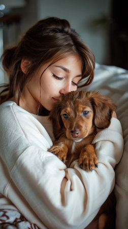A woman in a white coat holds a brown dog in her arms.の素材