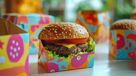 A hamburger topped with fresh lettuce and juicy tomato slices on a sesame seed bun.の素材