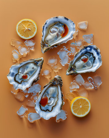 Three fresh oysters are presented on a bed of ice with vibrant lemon slices for a zesty touch.の素材