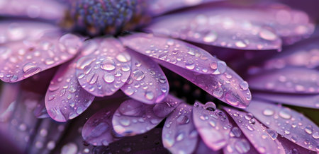 A purple flower covered in water droplets, highlighting its vibrant color and delicate features.の素材