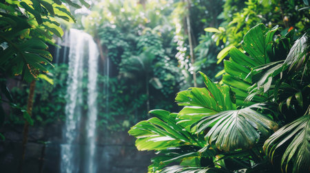 A dense green jungle with a cascading waterfall in the backdrop, showing a vibrant natural landscape.の素材
