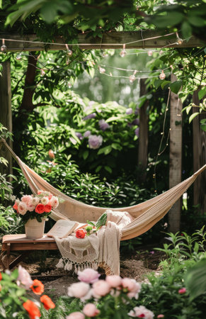 A hammock suspended between two trees in the midst of a lush garden, under the blue sky.の素材
