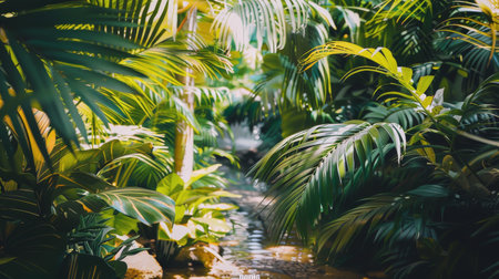 A dense green jungle with a cascading waterfall in the backdrop, showing a vibrant natural landscape.の素材