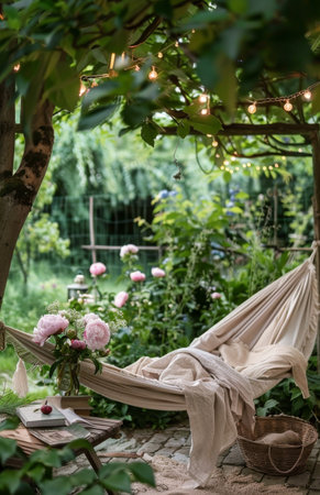 A hammock suspended between two trees in the midst of a lush garden, under the blue sky.の素材