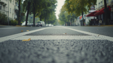 A city street wet from the rain, lined with buildings and a yellow line marking the road.の素材