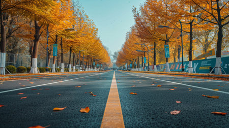 A city street wet from the rain, lined with buildings and a yellow line marking the road.の素材