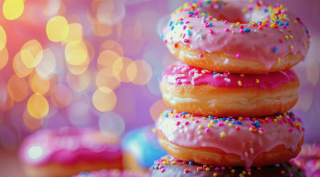 Three colorful donuts with sprinkles stacked on top of each other, creating a delicious and visually appealing treat.の素材