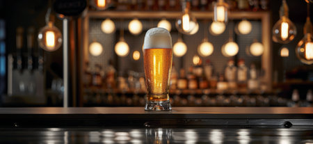 A glass of beer sits atop a wooden table.の素材