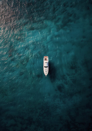 An aerial perspective of a boat cruising through the vast expanse of the ocean.の素材