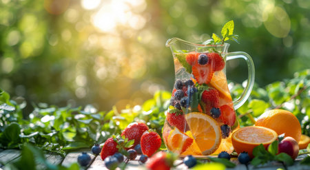 A pitcher filled with a variety of fresh fruits placed atop a wooden table.の素材