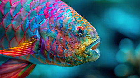 A detailed view of a fish in the foreground, with the background intentionally blurred for emphasis.の素材