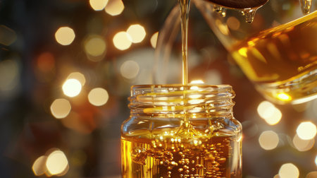 Honey drips from a jar onto a stack of honeycombs.の素材