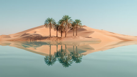 Reflection of palm trees in calm lake water.の素材
