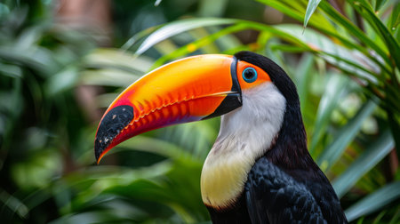 A vibrant, multi-colored toucan sits perched on a tree branch in a tropical forest setting.の素材