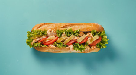 A sub sandwich filled with layers of meat, lettuce, and tomatoes, neatly arranged on a bed of bread.の素材