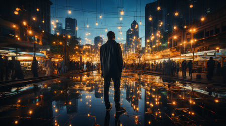A man stands in the heart of a bustling city at night, surrounded by towering buildings and glowing lights.の素材