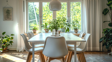 A table with two chairs and a potted plant placed in a cozy setting.の素材