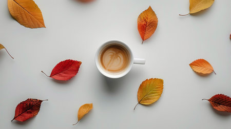 A cup of coffee sits on a table, surrounded by vibrant autumn leaves in shades of red, orange, and gold.の素材