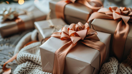 A collection of assorted wrapped presents neatly arranged in a stack on top of a wooden table.の素材