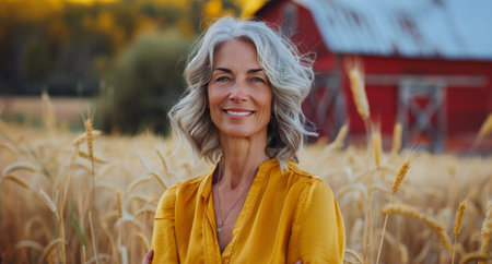A woman wearing a yellow shirt stands in front of a rustic barn in the countryside.の素材