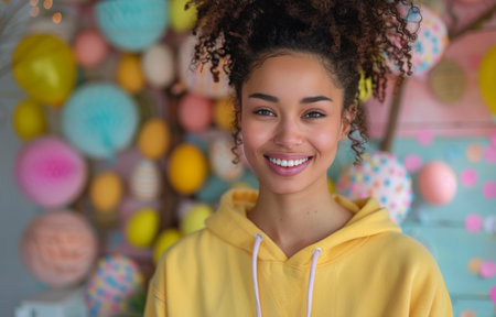 A woman with curly hair is standing in front of brightly colored balloons in an outdoor setting.の素材