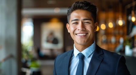 A man dressed in a formal suit and tie is smiling directly at the camera.の素材