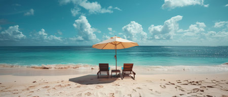 Two chairs placed on a sandy beach, with no one around, under a clear sky.の素材