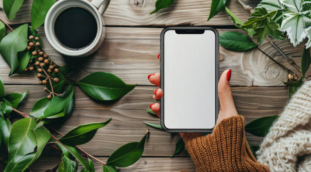 A person is holding a smartphone with a blank screen on a wooden table. There is a cup of coffee and a potted plant in the background.の素材