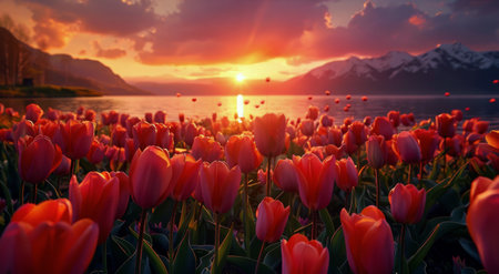 A field of pink tulips in full bloom are silhouetted against a sunset sky reflecting off a calm lake.の素材