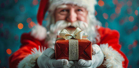 A close-up shot of Santa Claus holding out a gift wrapped in red paper and a white ribbon. Snowflakes are falling around him.の素材