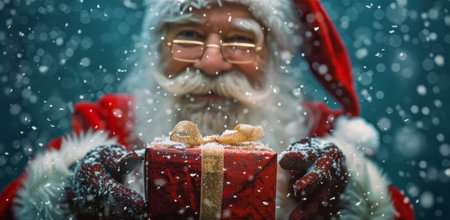 A close-up image of Santa Claus holding a Christmas gift, smiling, with snow falling around him.の素材