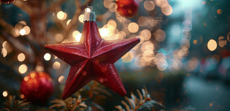 A close-up of a red star Christmas ornament with a blurred background of lights.の素材