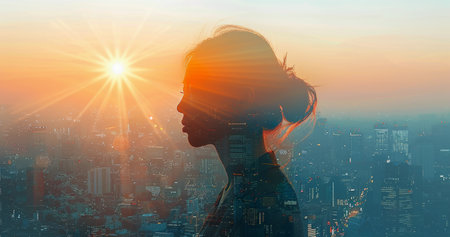 A womans silhouette is superimposed over a cityscape at sunset, with the golden light illuminating the scene.の素材