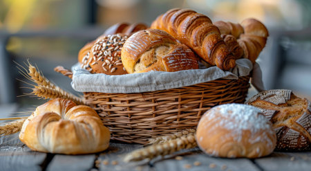 A variety of freshly baked bread loaves, rolls, and pastries sit in a rustic wicker basket on a wooden table, surrounded by wheat stalks and other baked goods.の素材