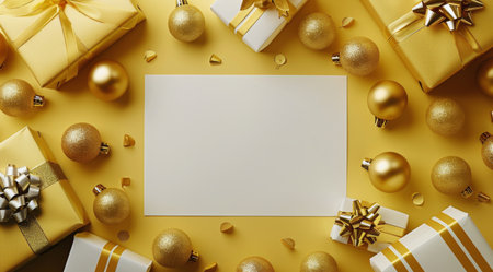 A flat lay image of gold gift boxes and ornaments scattered on a yellow background with a blank white card in the center.の素材