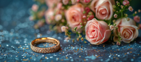 A close-up shot of a gold wedding band with a detailed design resting on a blue background with glitter. A bouquet of pink roses is blurred in the background.の素材