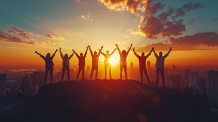 A group of people stand on a hilltop, arms raised, as the sun sets over a city skyline.の素材