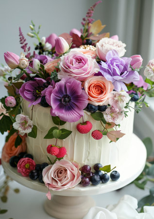 A white wedding cake with a rustic, buttercream frosting is adorned with a beautiful bouquet of pink and purple roses, peonies, and other flowers.の素材
