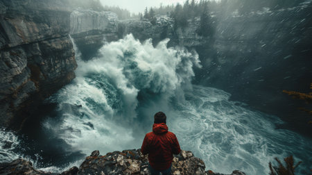 A lone hiker stands on a rocky cliff edge, gazing out over a vast expanse of fog-covered mountains.の素材