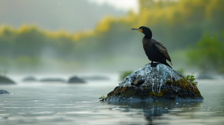 A black cormorant sits on a rock in a foggy river, with the green foliage of the surrounding woods and the calm water creating a serene backdrop.の素材