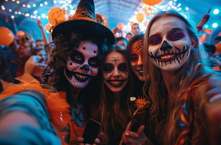 A group of friends celebrate Halloween by wearing spooky makeup and posing for a selfie.の素材