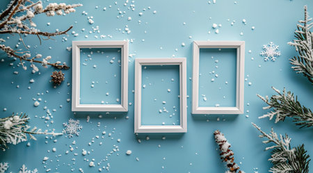 Two white picture frames lie on a light blue background. The frames are empty, and they are surrounded by white snowflakes, with snow-covered pine branches at the top and bottom of the image.の素材