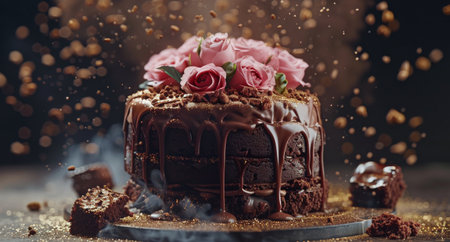 A decadent chocolate cake topped with pink roses and surrounded by falling sprinkles.の素材