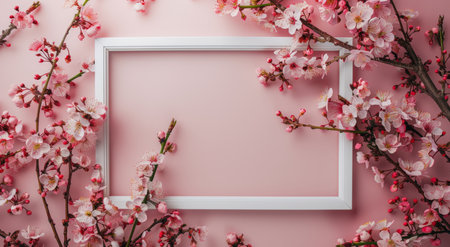 White picture frame surrounded by blooming pink cherry blossoms on a soft pink background.の素材