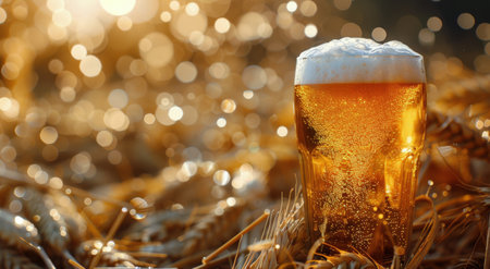 A glass of beer with a frothy head sits in a field of wheat at sunset, the golden light casting a warm glow over the scene.の素材