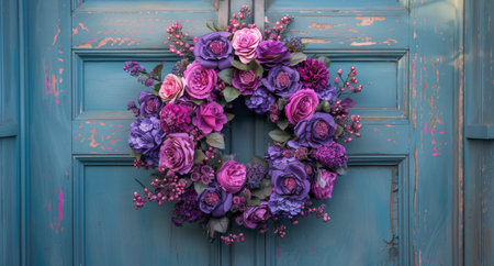 A vibrant floral wreath with purple, pink, and peach blooms hangs on a teal door with brass hardware.の素材