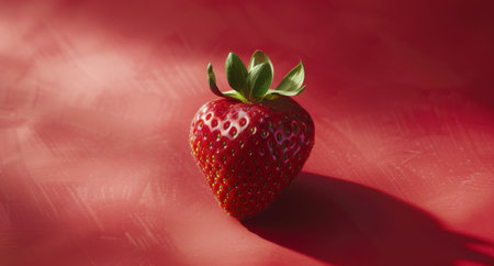 A single, ripe strawberry sits on a red surface, bathed in sunlight. Its green leaves are vibrant against the red backdrop.の素材