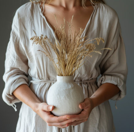 A woman in a white linen dress holds a white ceramic vase filled with dried grass.の素材